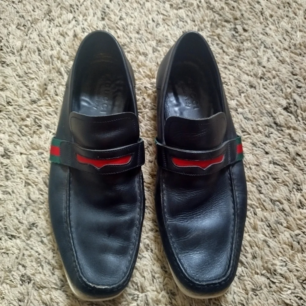 GUCCI  FLAG Black Leather Boat Deck Loafers sz 9